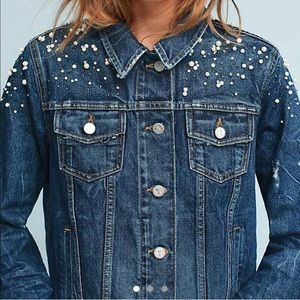 Anthro Pearled Studded Trucker Denim Jacket
